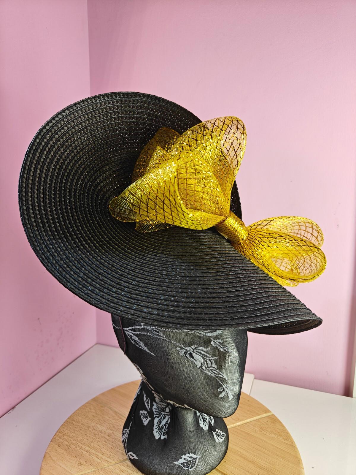 black gold large straw fascinator wedding hat Kentucky Derby Royal Ascot