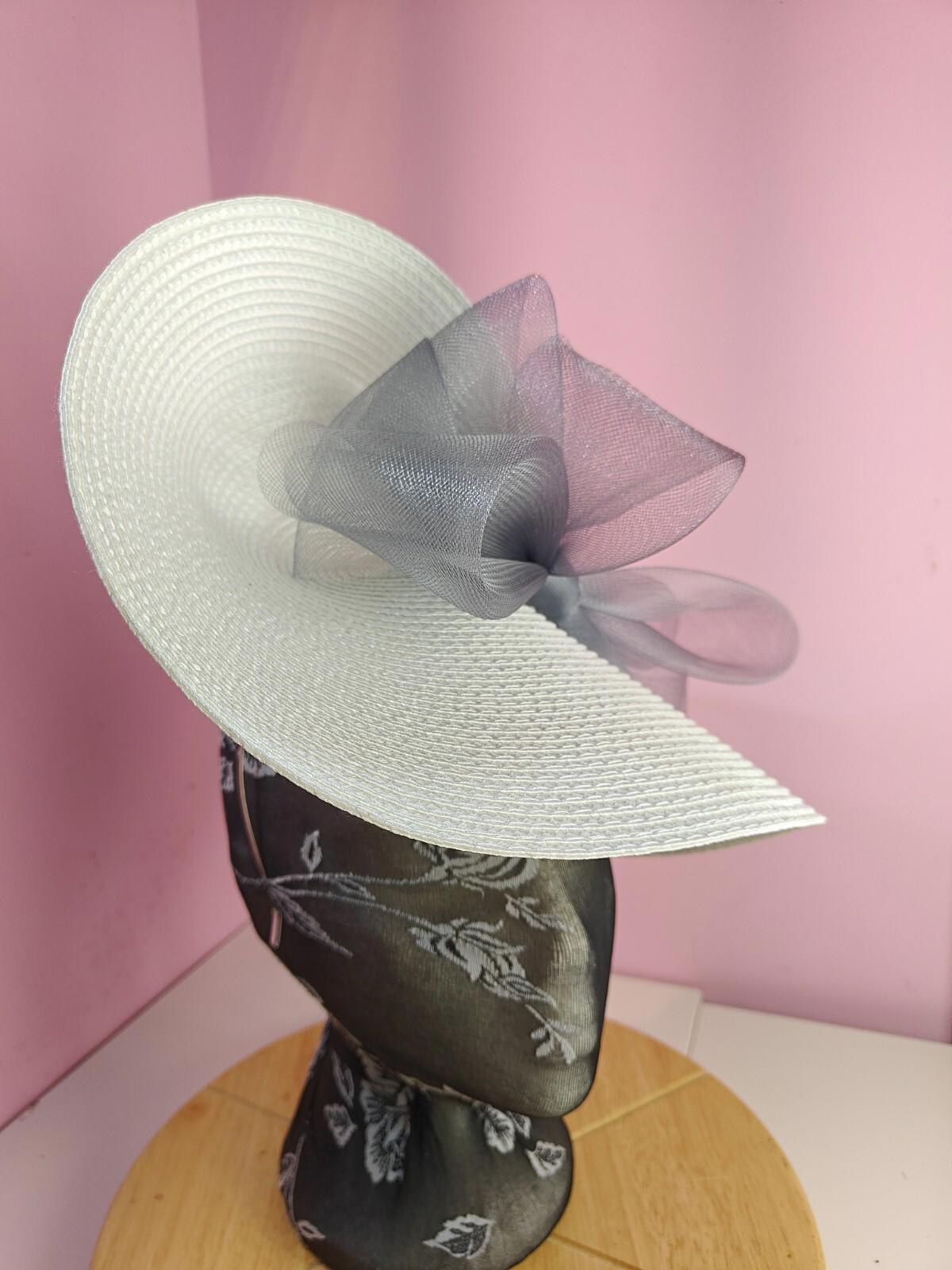 white grey large straw fascinator wedding hat Kentucky Derby Royal Ascot