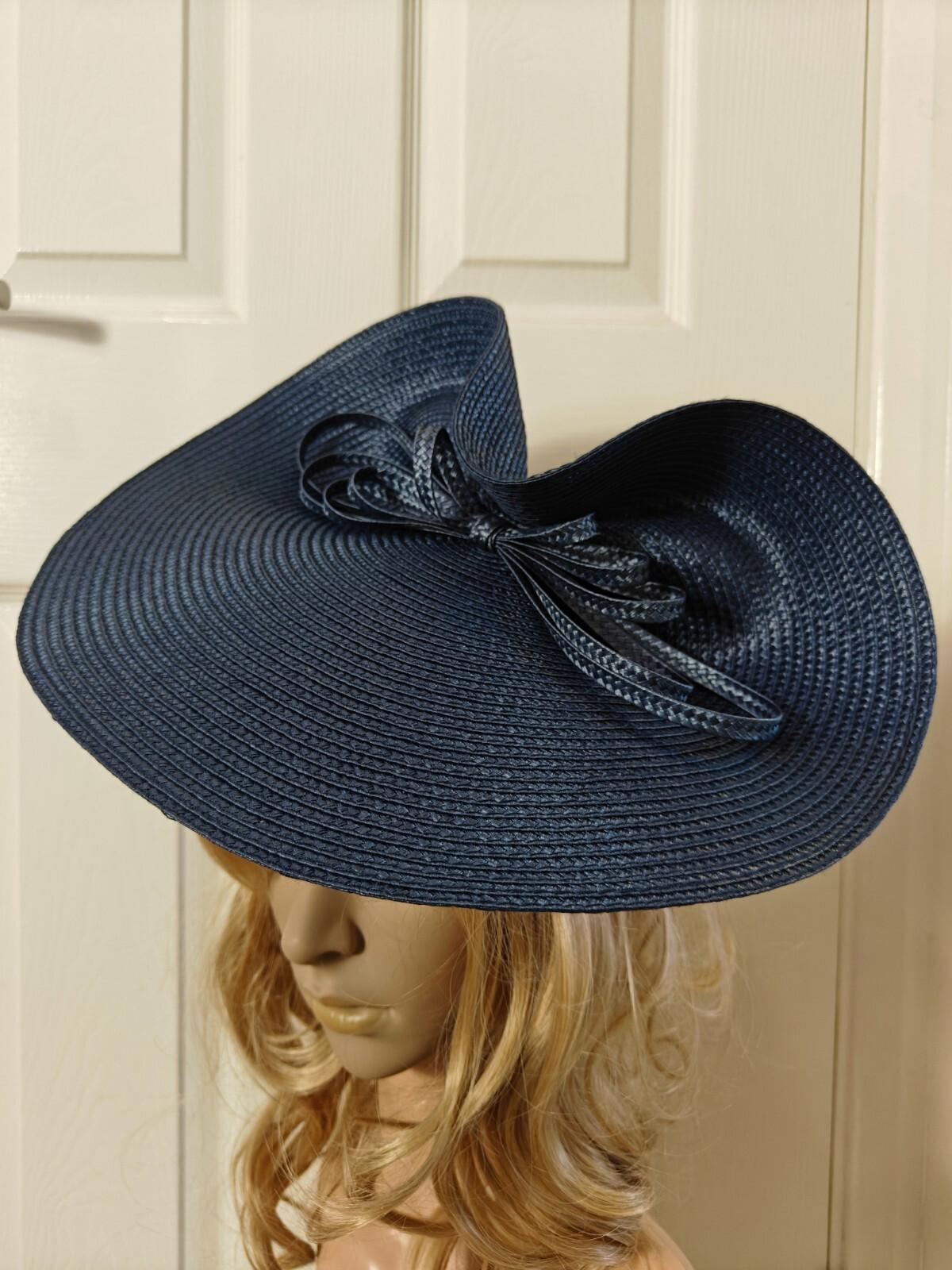 Navy blue large straw fascinator millinery burlesque headband wedding hat