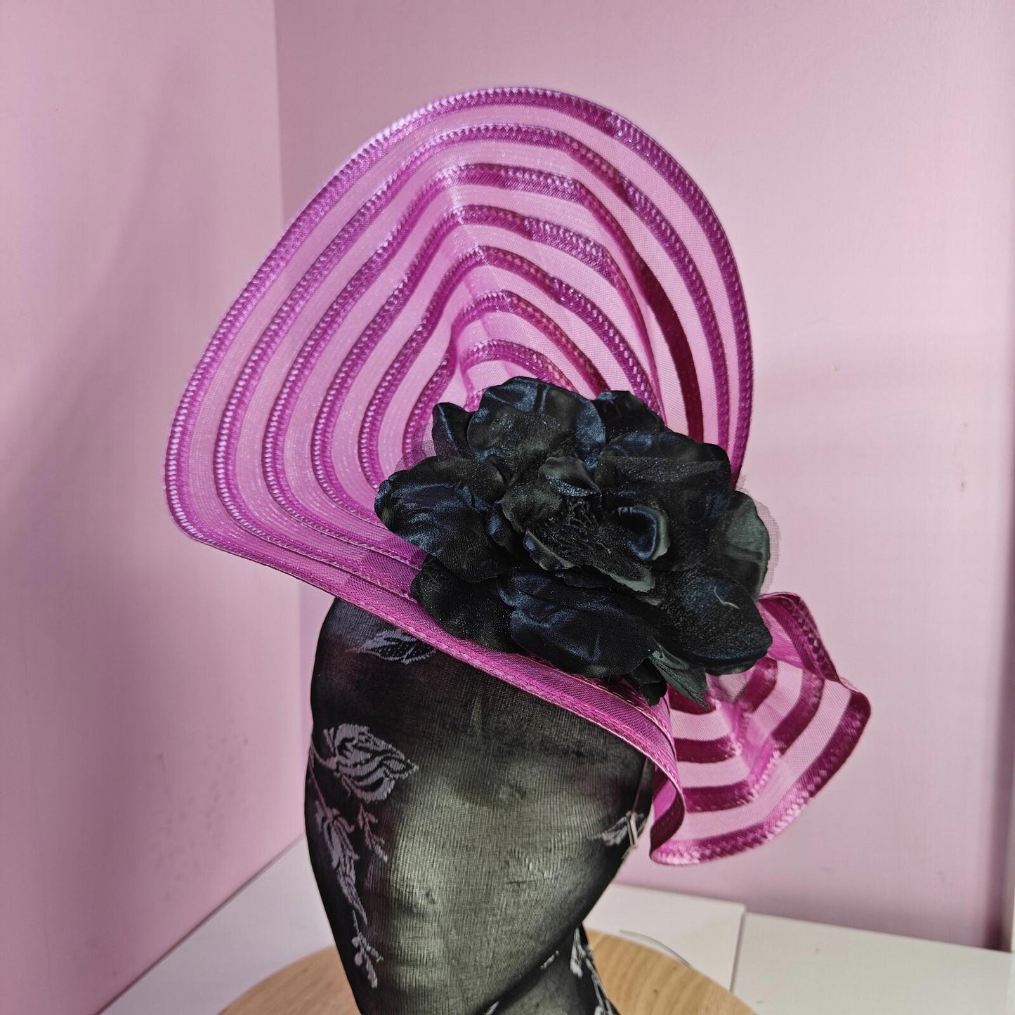 pink black flower fascinator millinery wedding hat Kentucky Derby Royal Ascot