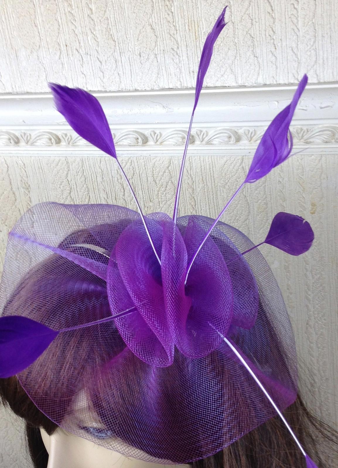 purple netting feather hair headband fascinator millinery wedding hat ascot 1