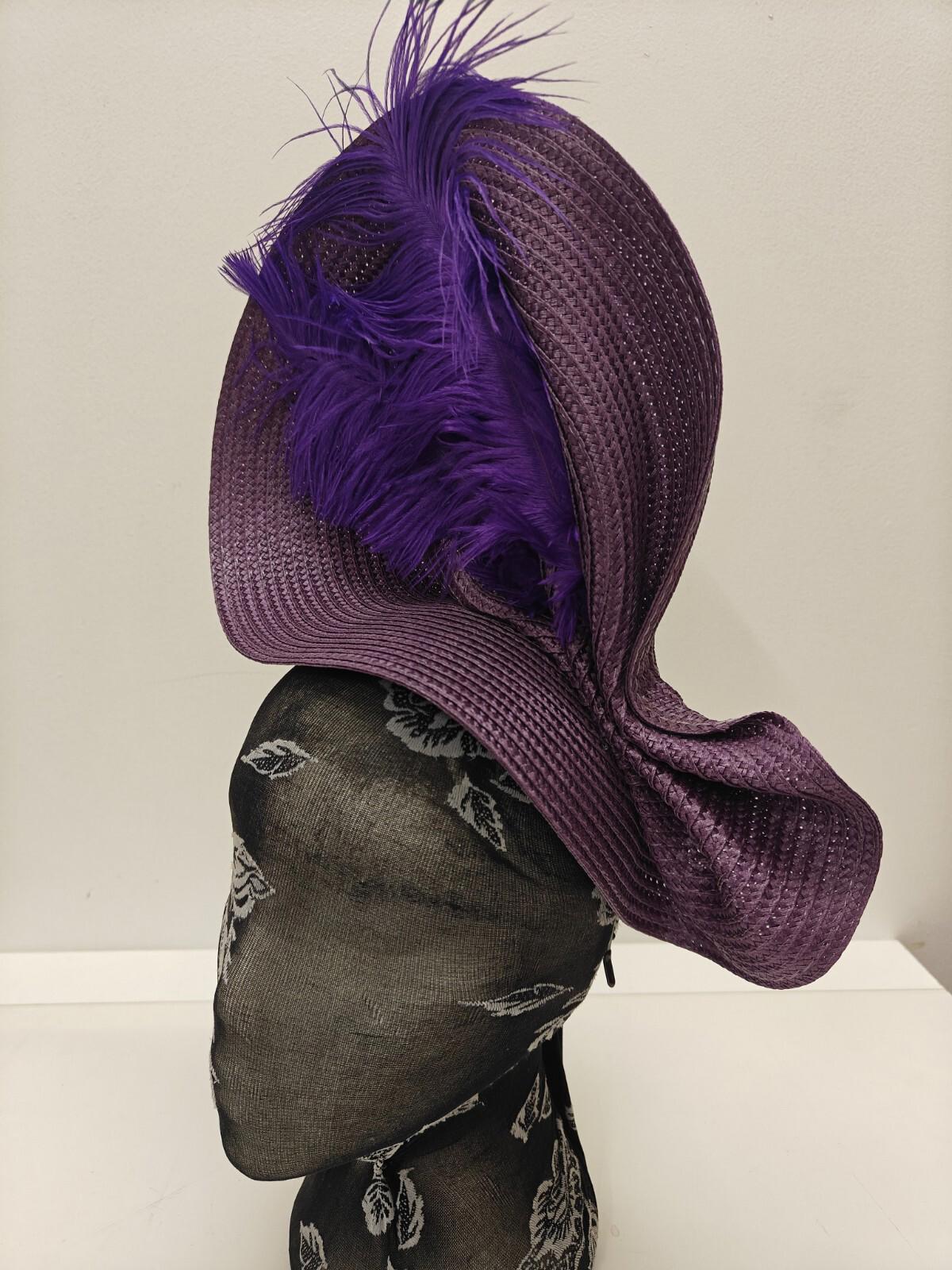 purple large straw fascinator ostrich feather millinery headband wedding hat