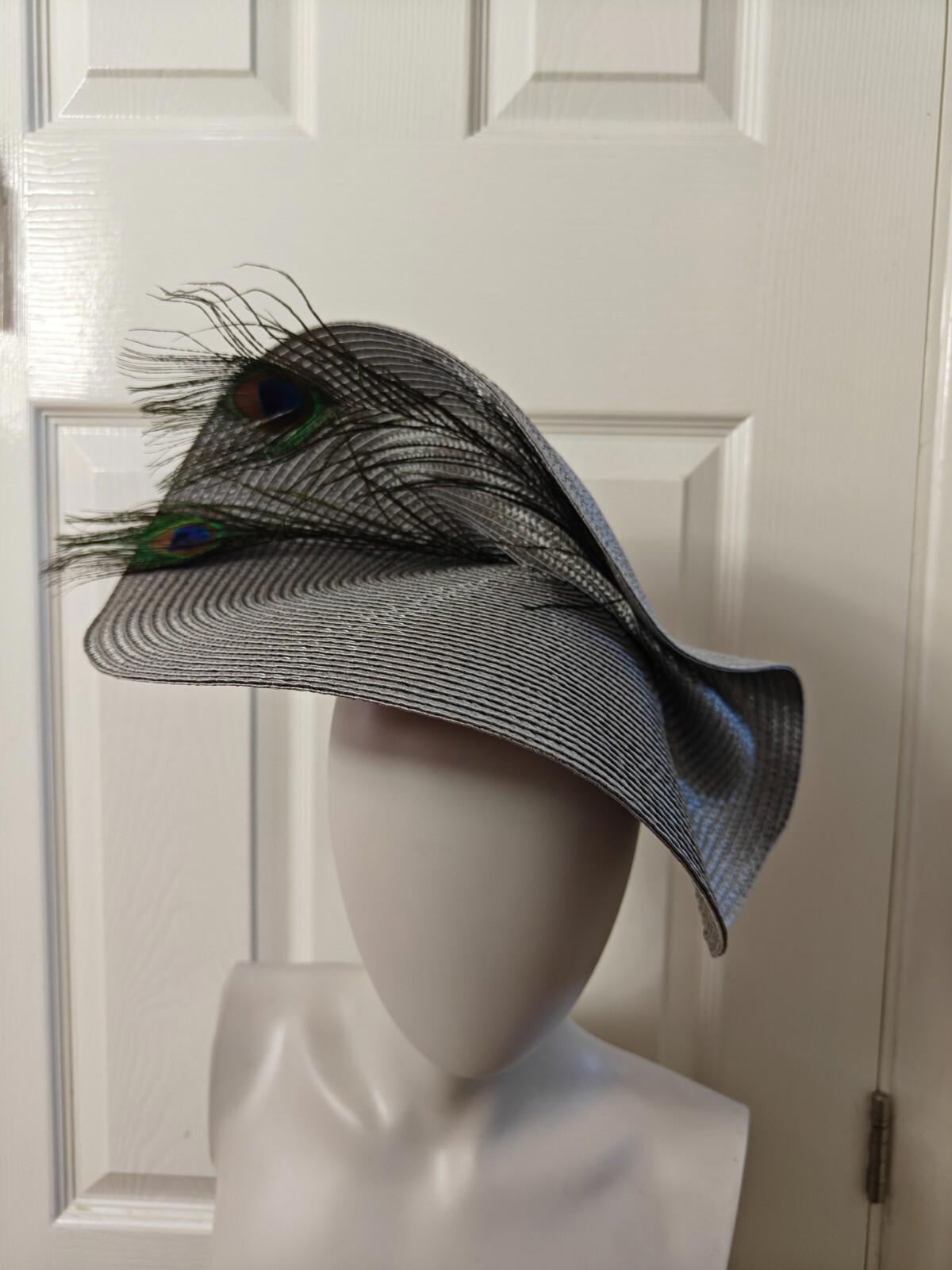 grey large straw fascinator peacock feather millinery headband wedding hat