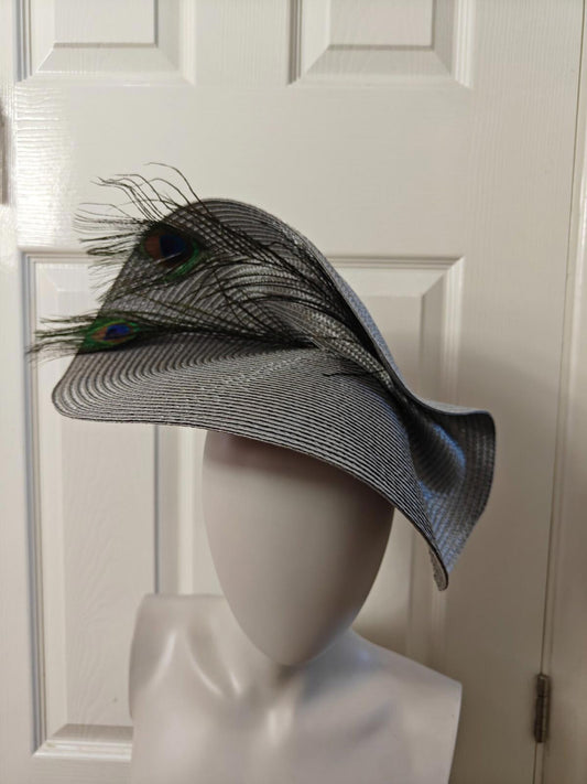 grey large straw fascinator peacock feather millinery headband wedding hat