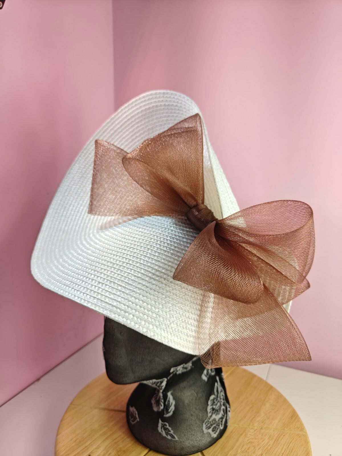 white brown large straw fascinator wedding hat Kentucky Derby Royal Ascot