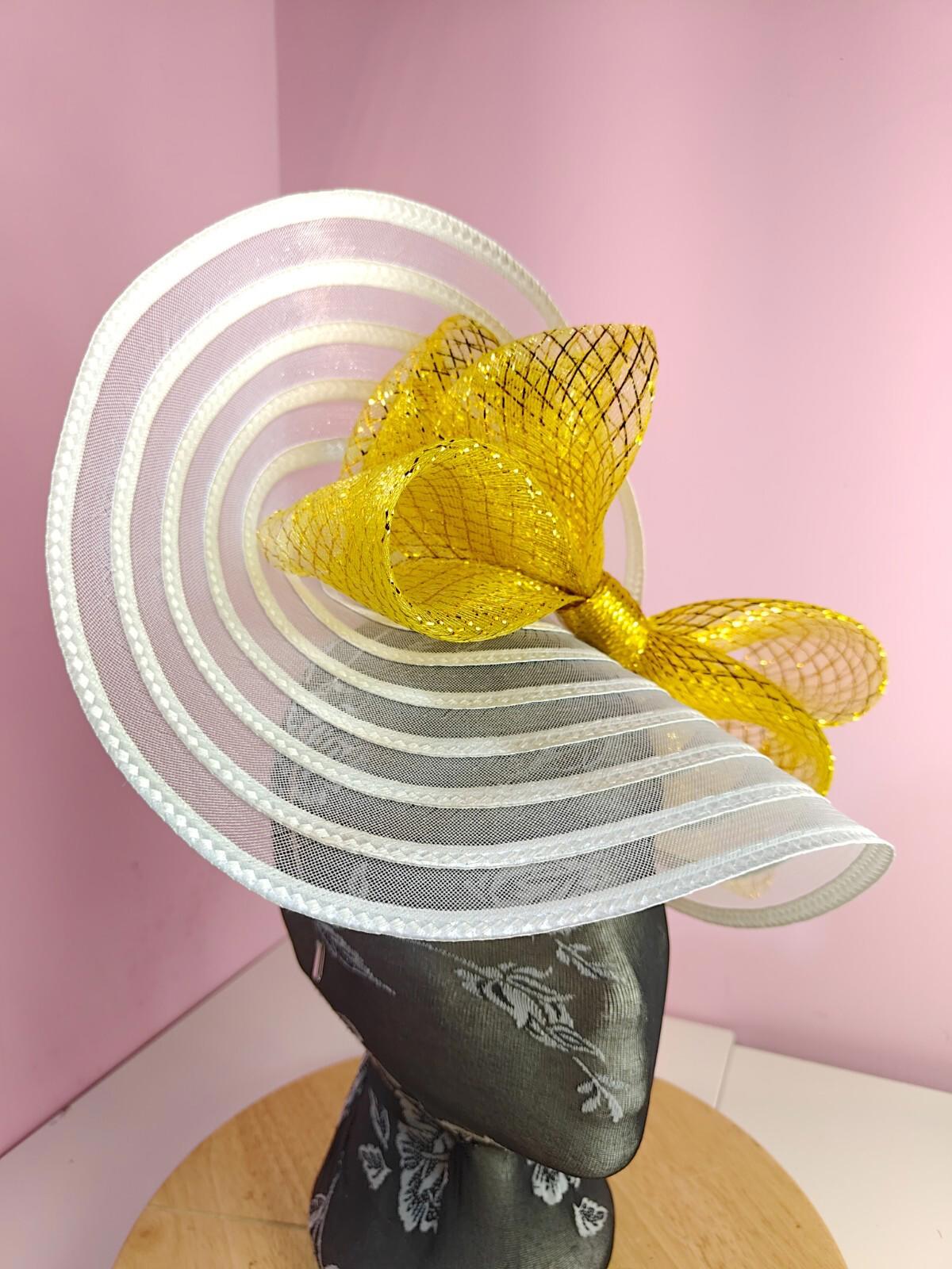 white gold bow fascinator millinery wedding hat Kentucky Derby Royal Ascot