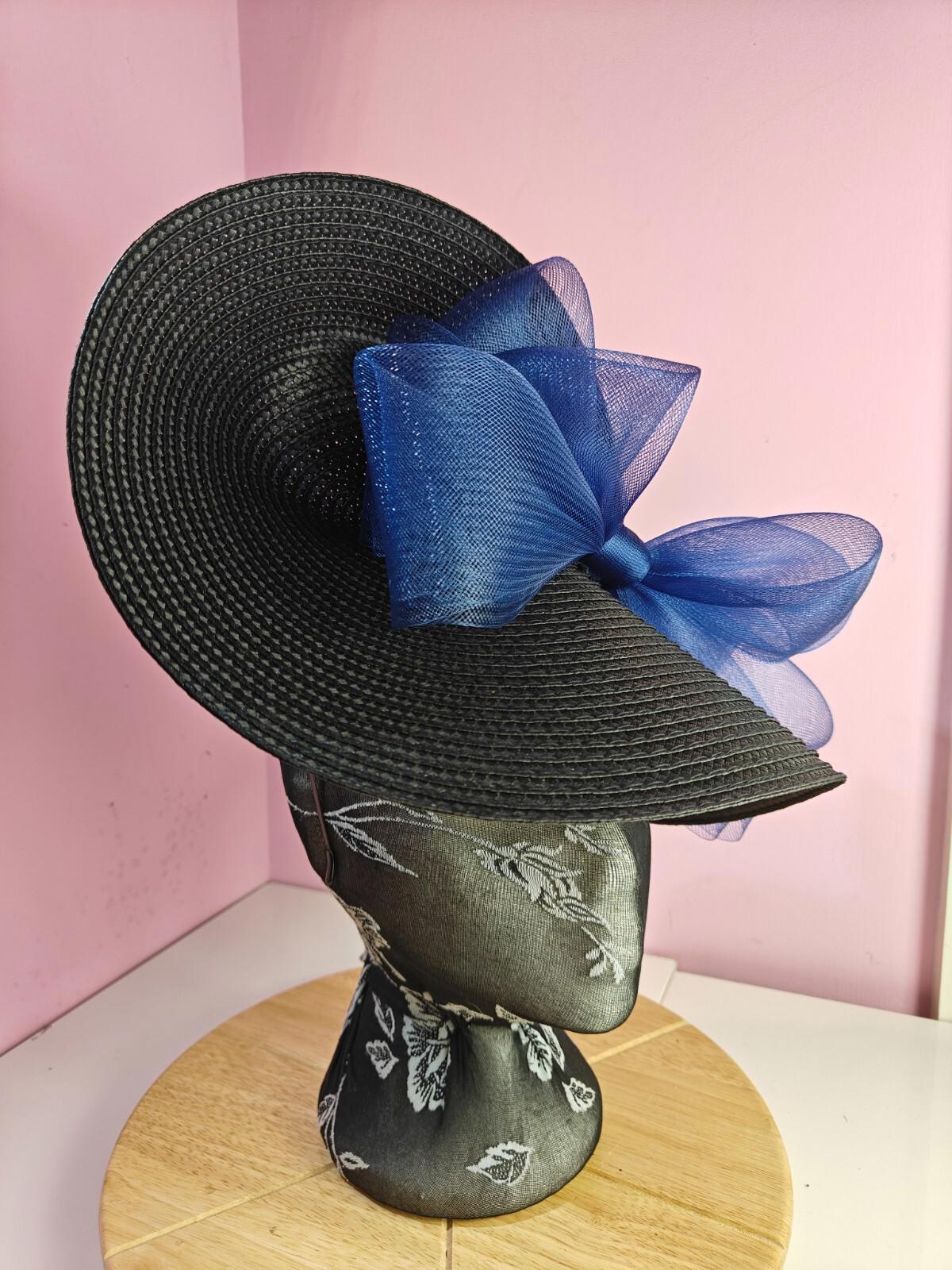 black blue large straw fascinator wedding hat Kentucky Derby Royal Ascot