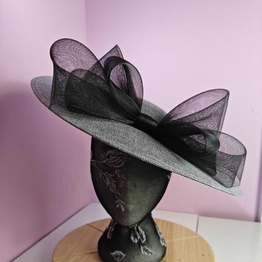 grey black large fascinator wedding hat  Kentucky Derby Royal Ascot bow