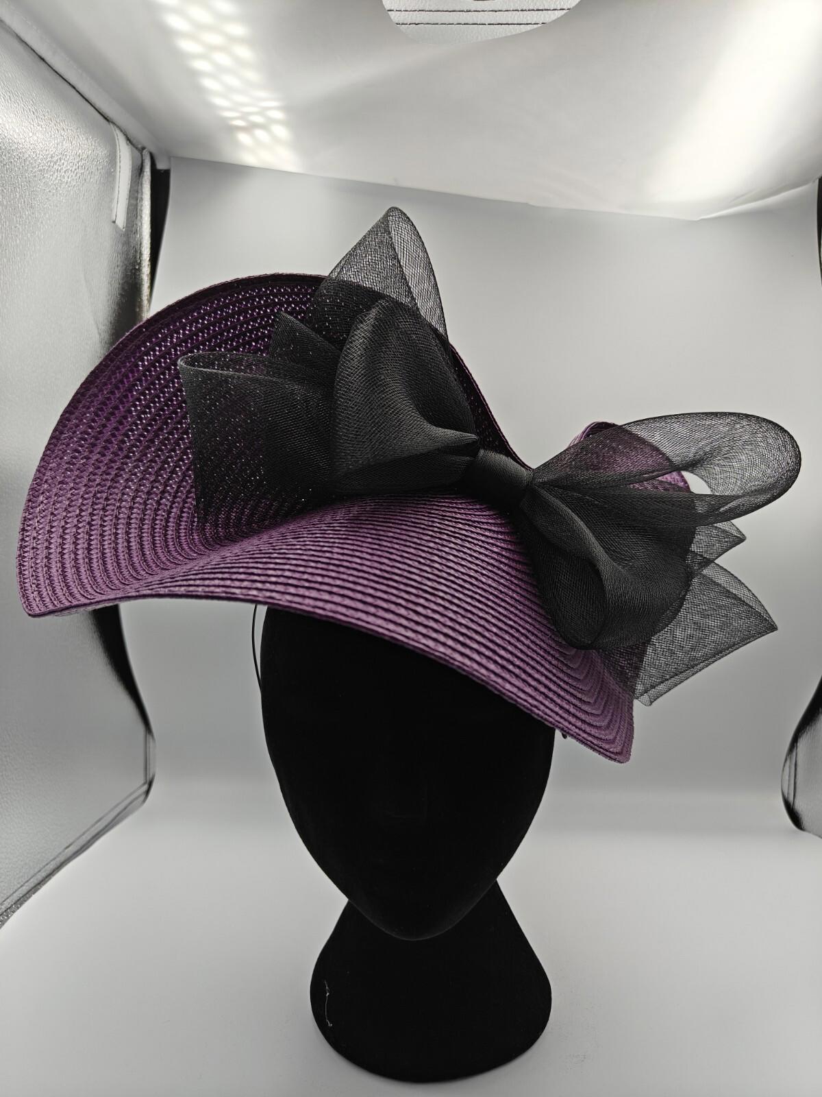 purple black bow straw fascinator millinery burlesque headband wedding hat