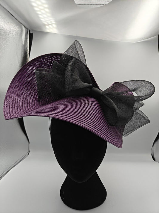purple black bow straw fascinator millinery burlesque headband wedding hat