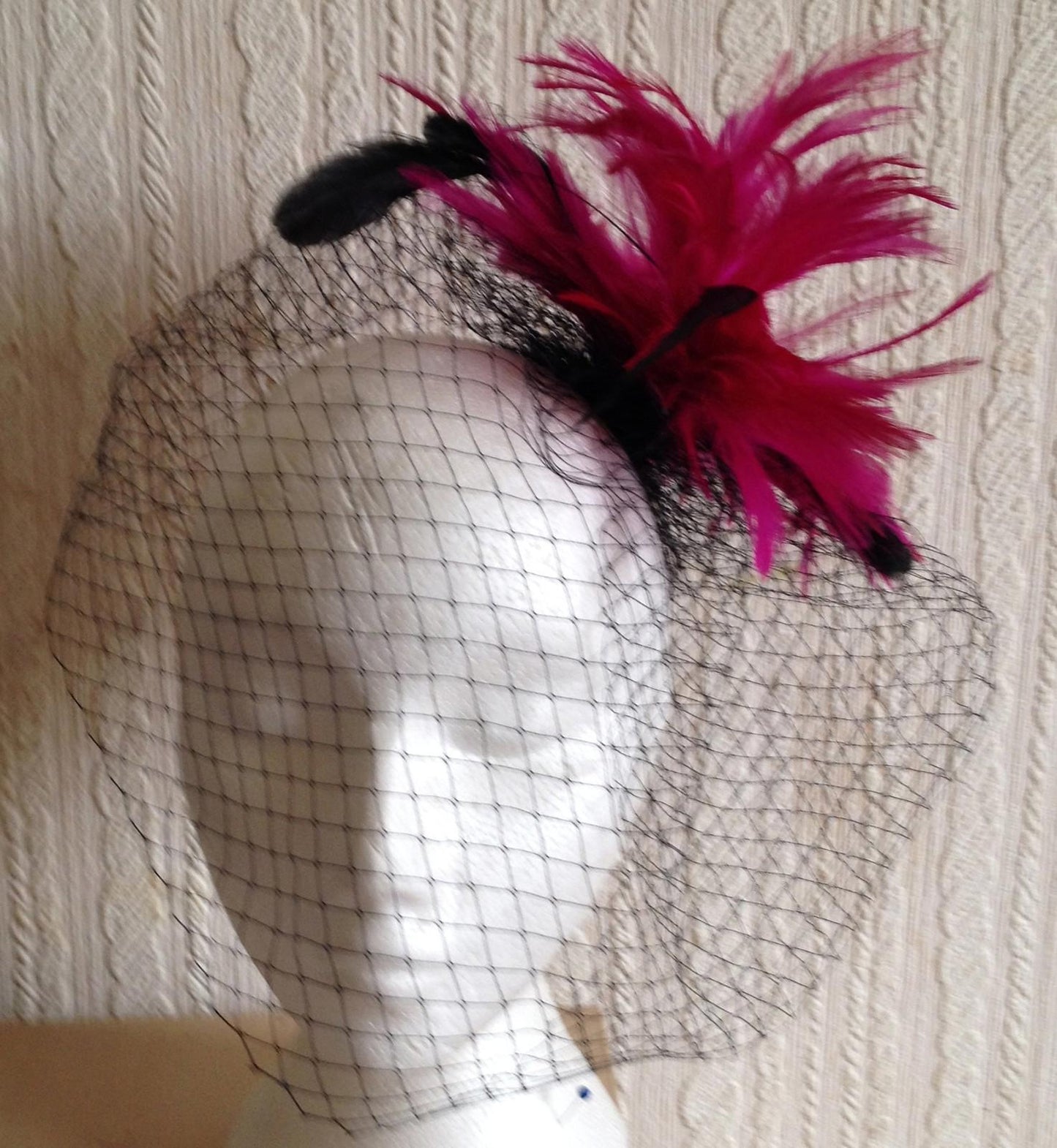 pink feather black veiling fascinator millinery hair clip ascot wedding bridal