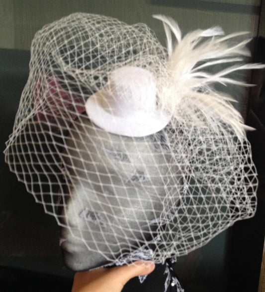 white veiling feather mini top hat fascinator millinery wedding party race ascot