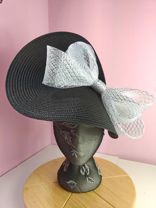 black silver large straw fascinator wedding hat Kentucky Derby Royal Ascot