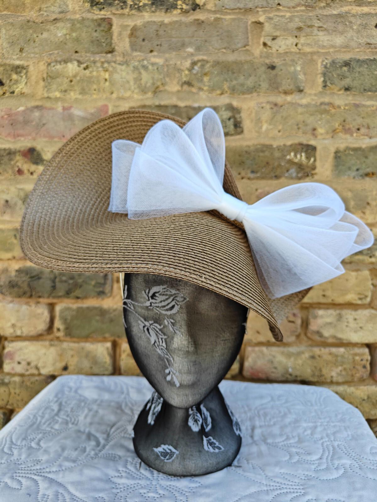 beige white large straw fascinator millinery headband wedding hat ascot