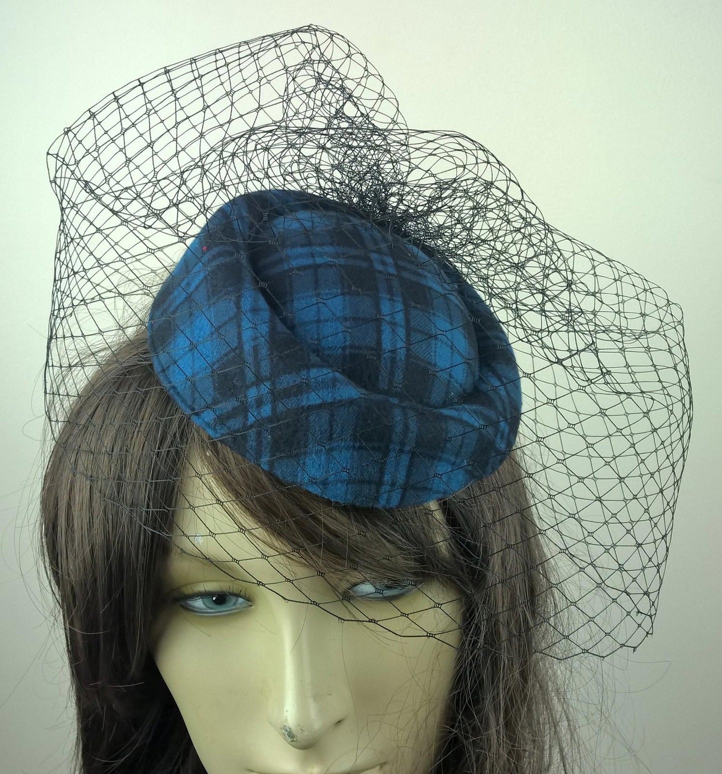 turquoise felt mini pill box hat black veiling french veil fascinator wedding