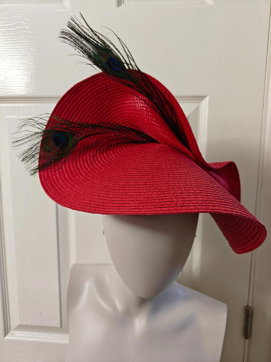 red large straw fascinator peacock feather millinery headband wedding hat