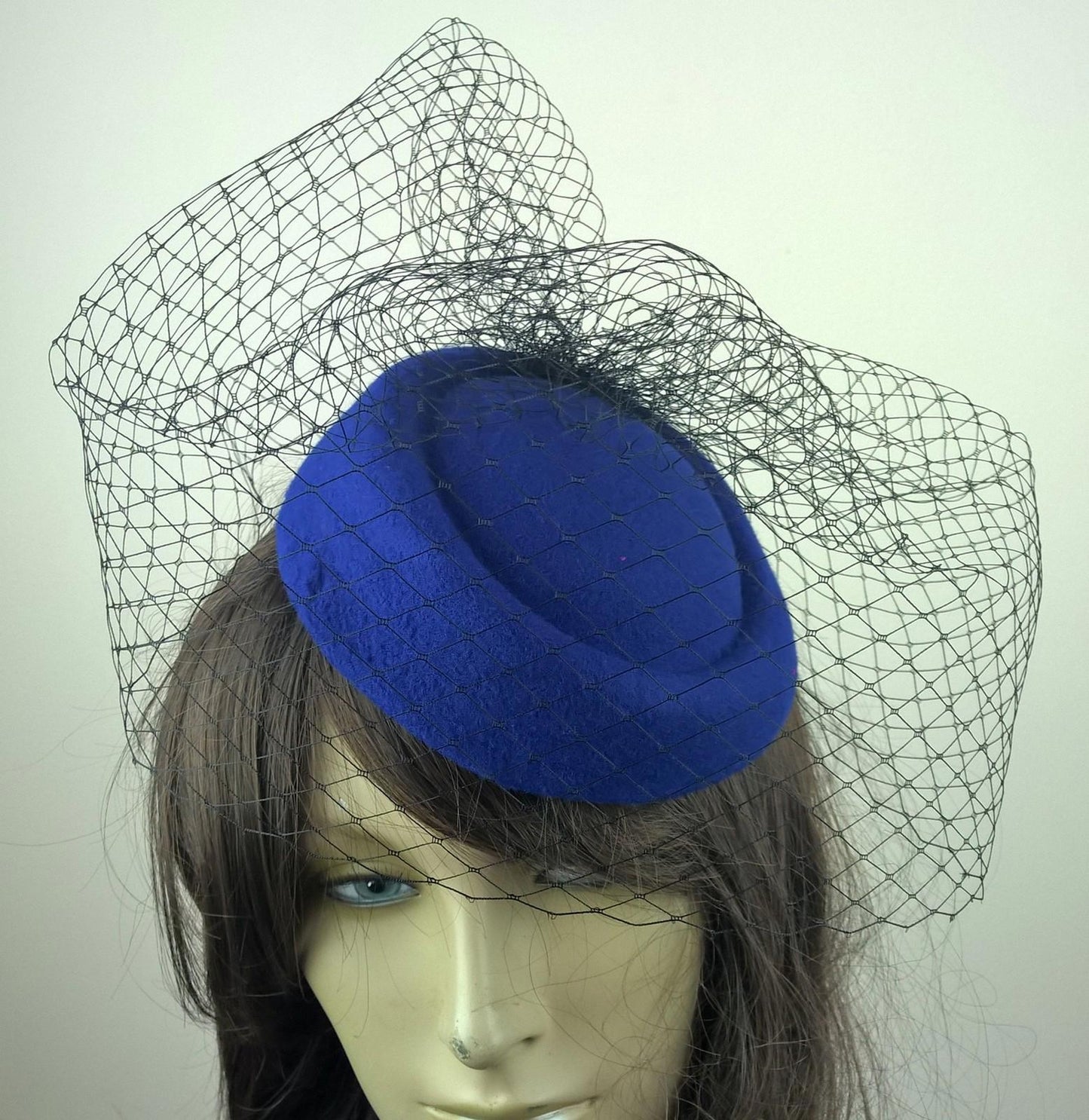 royal blue felt mini pill box hat black veiling french veil fascinator wedding