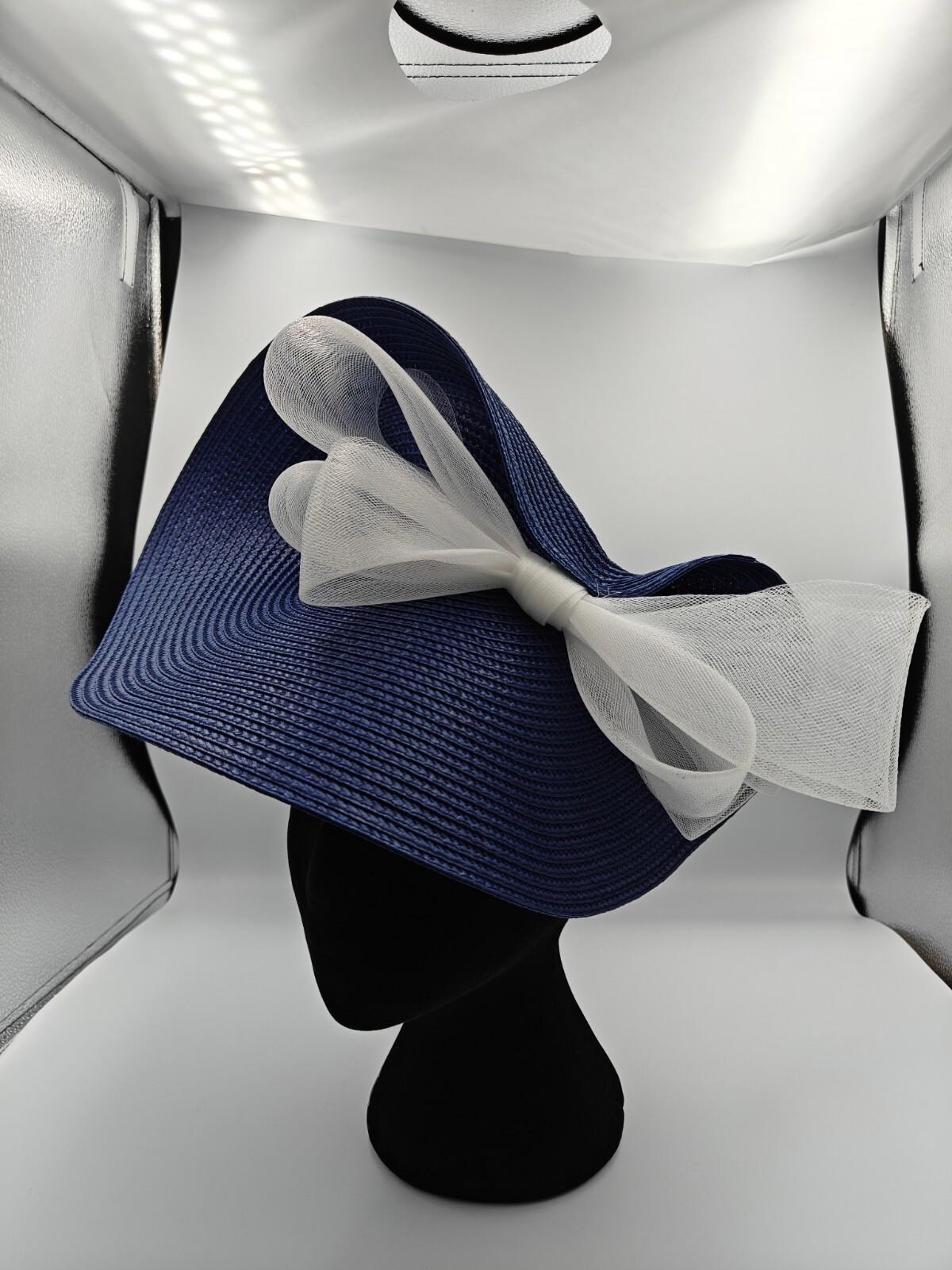 navy blue white straw fascinator millinery burlesque headband wedding hat bow
