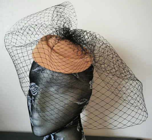 brown beige felt mini pill box hat black veiling french veil fascinator wedding