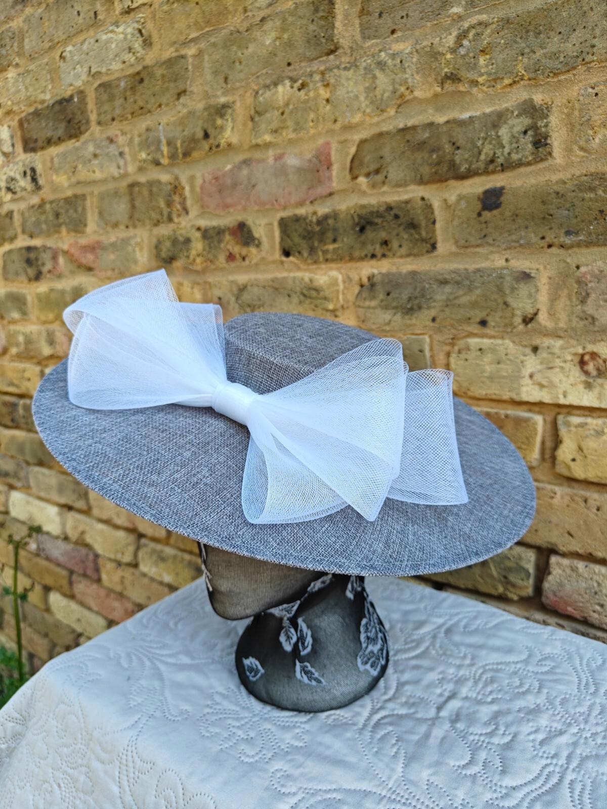 grey white large fascinator wedding hat  Kentucky Derby Royal Ascot bow