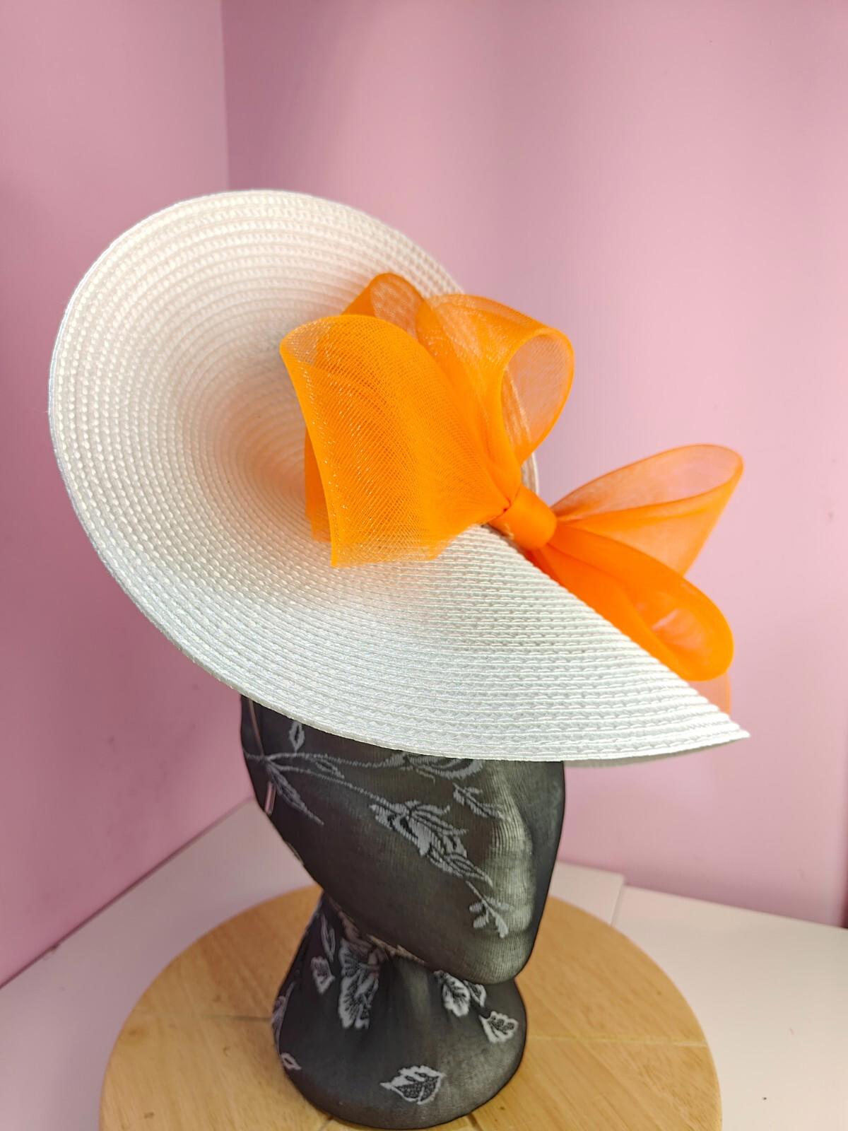 white orange large straw fascinator wedding hat Kentucky Derby Royal Ascot