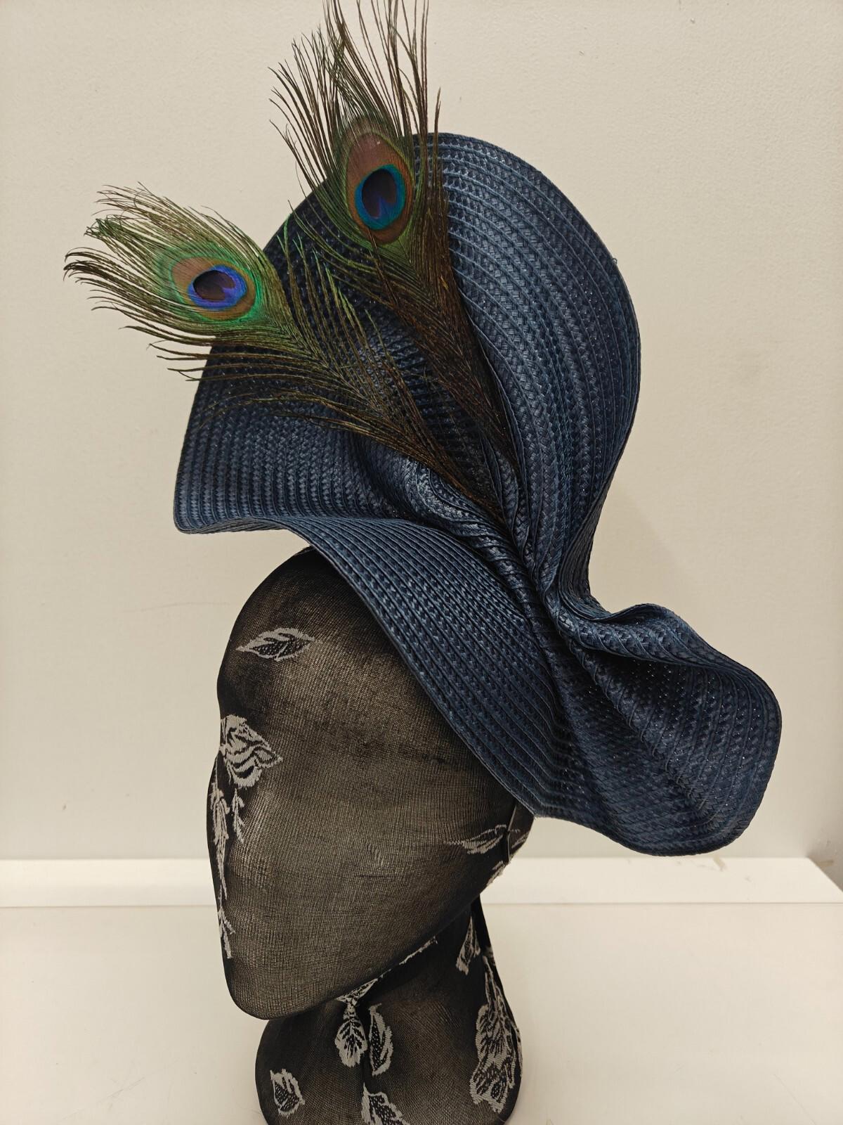 navy blue large straw fascinator peacock feather millinery headband wedding hat