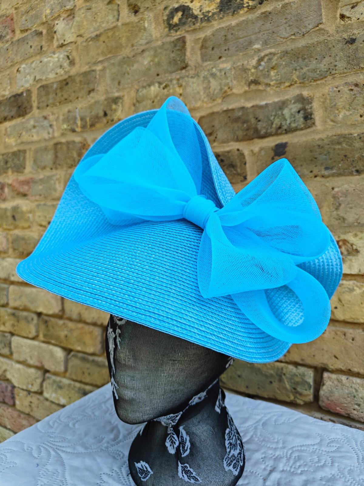 light blue large straw fascinator millinery headband wedding hat ascot