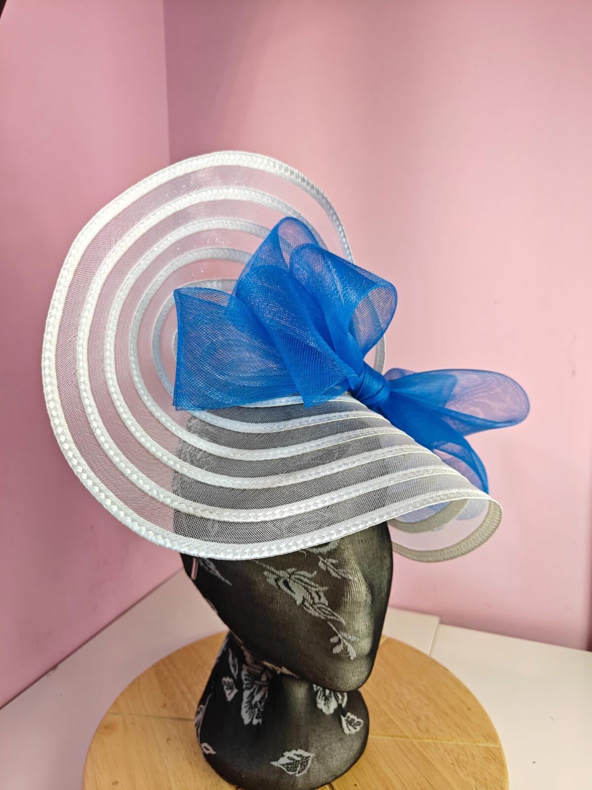 white blue bow fascinator millinery wedding hat Kentucky Derby Royal Ascot