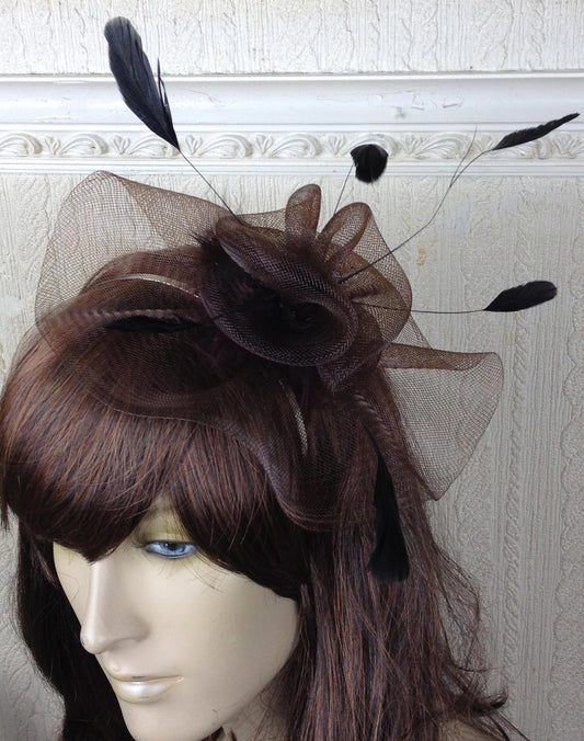 brown netting feather hair headband fascinator millinery wedding hat ascot