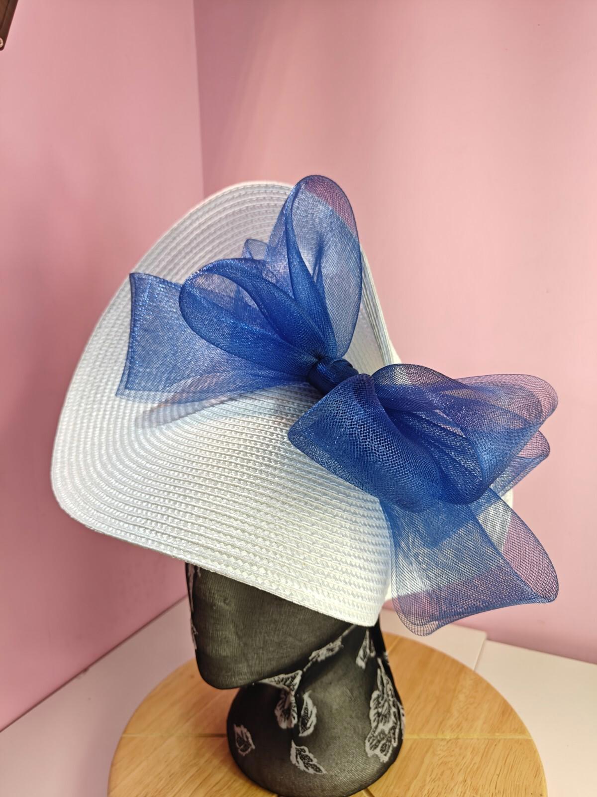 white blue large straw fascinator wedding hat Kentucky Derby Royal Ascot