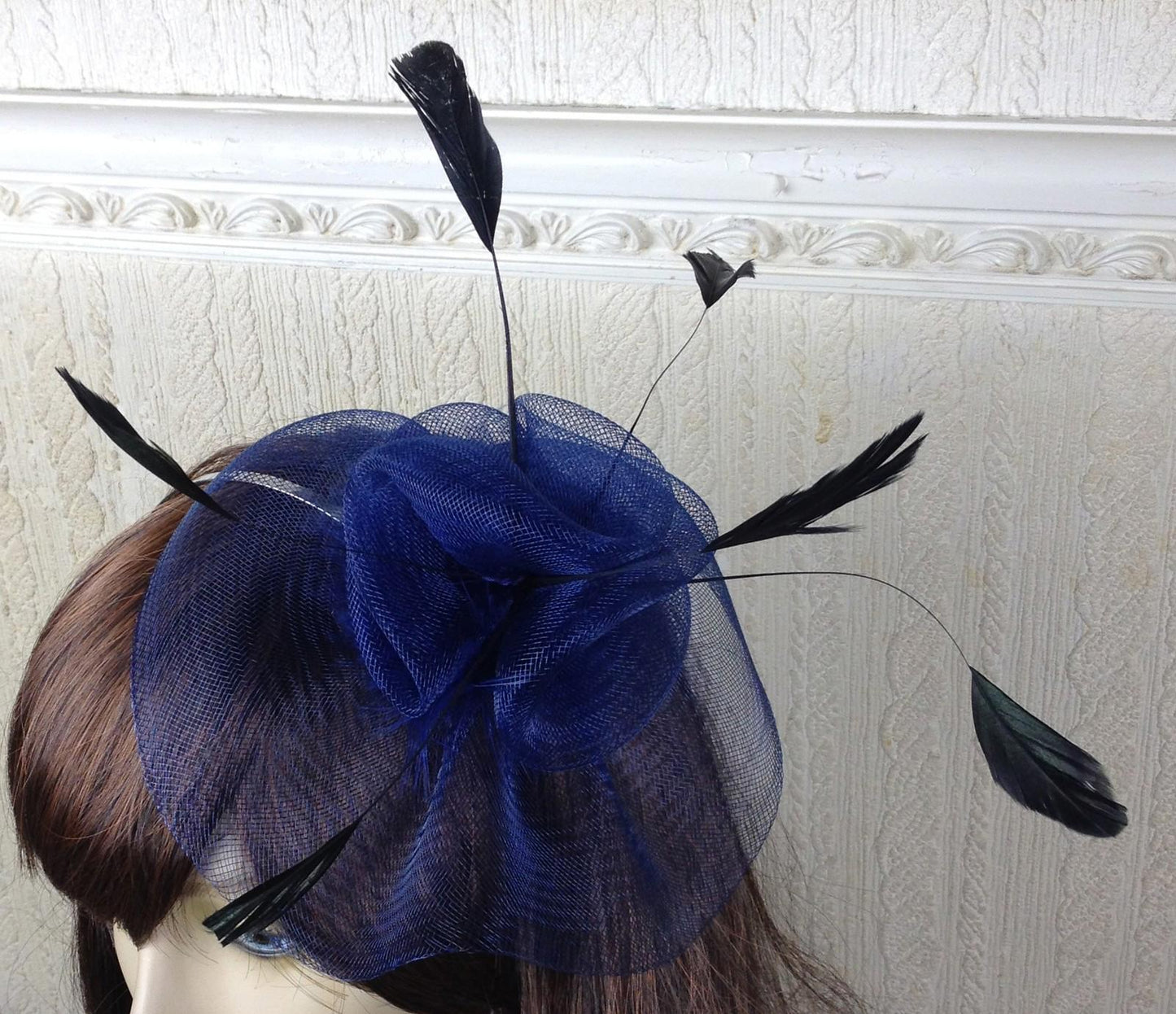 navy dark blue feather hair headband fascinator millinery wedding hat ascot race