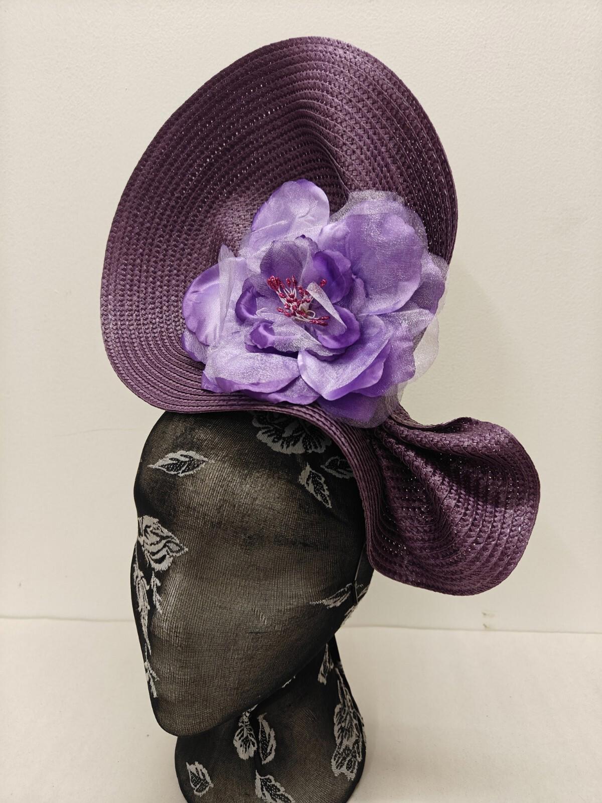 purple flower large straw fascinator millinery burlesque headband wedding hat