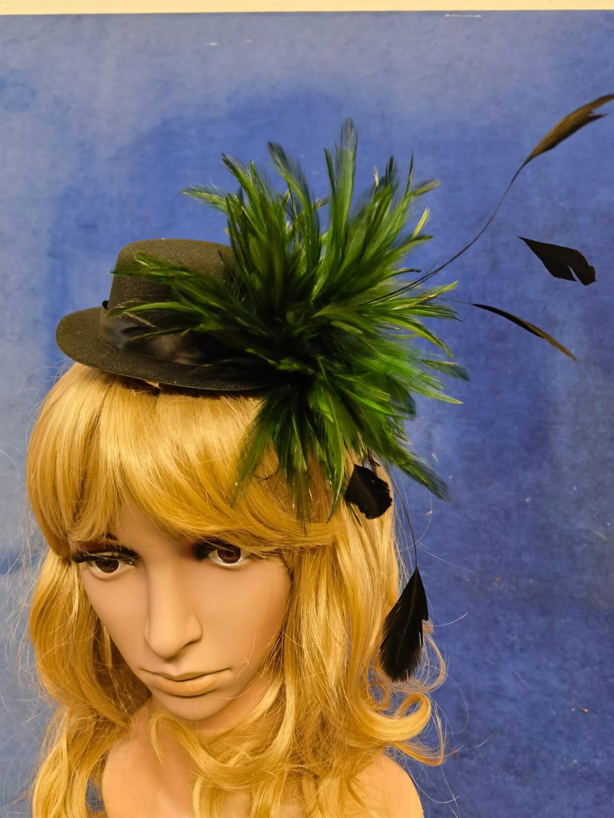 Green black feather mini top hat fascinator millinery burlesque wedding 1
