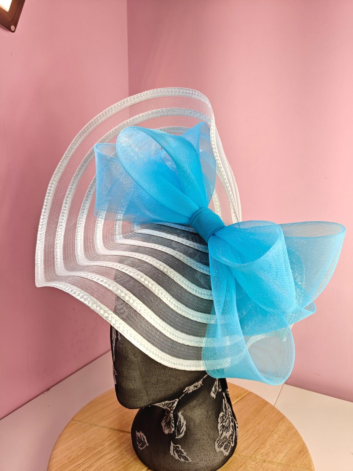white turquoise bow fascinator millinery wedding hat Kentucky Derby Royal Ascot