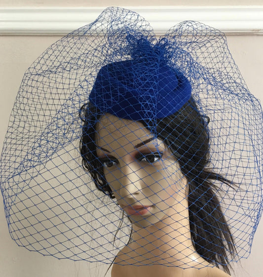 royal blue felt mini pill box hat veiling french veil fascinator wedding race
