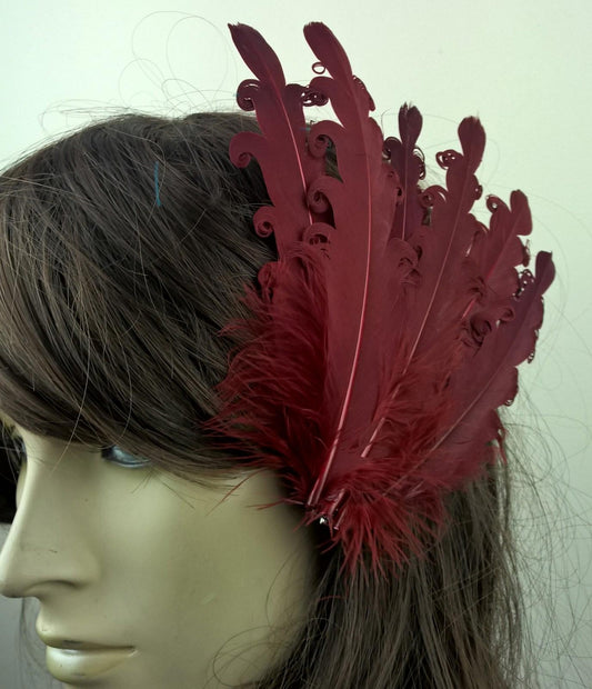 dark red feather fascinator millinery hair clip wedding piece ascot race dance