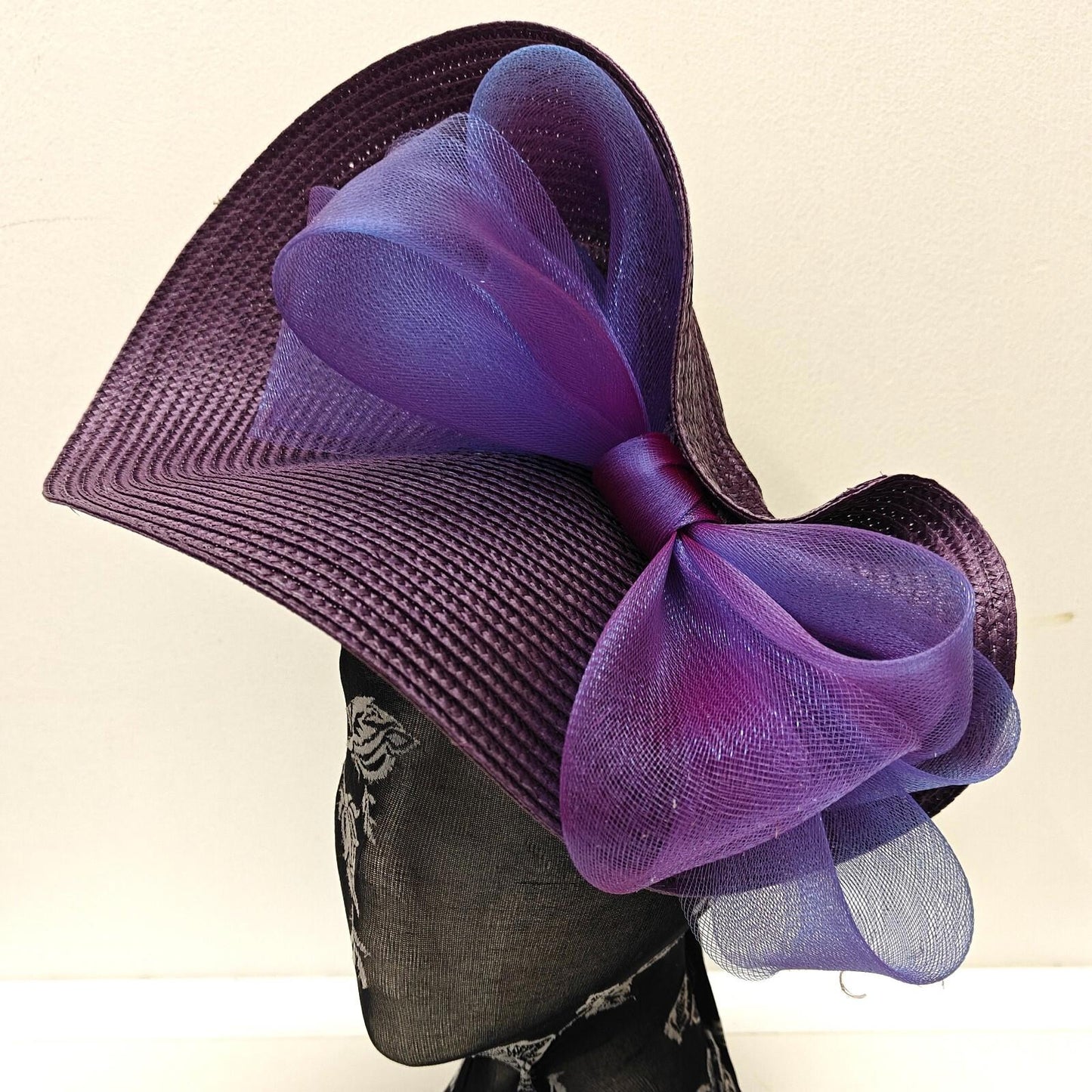dark purple large straw fascinator millinery burlesque headband wedding hat bow