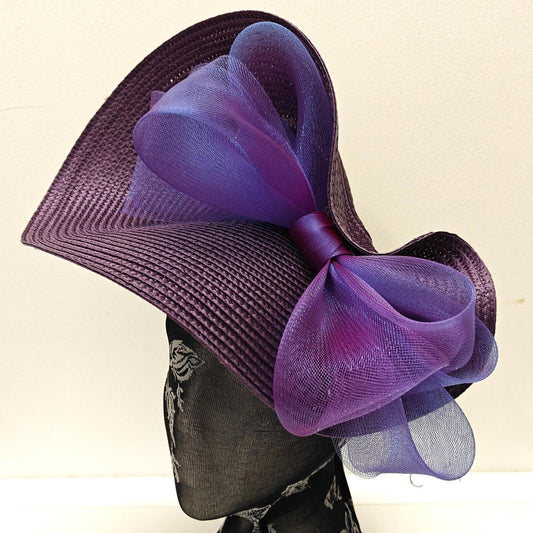 dark purple large straw fascinator millinery burlesque headband wedding hat bow