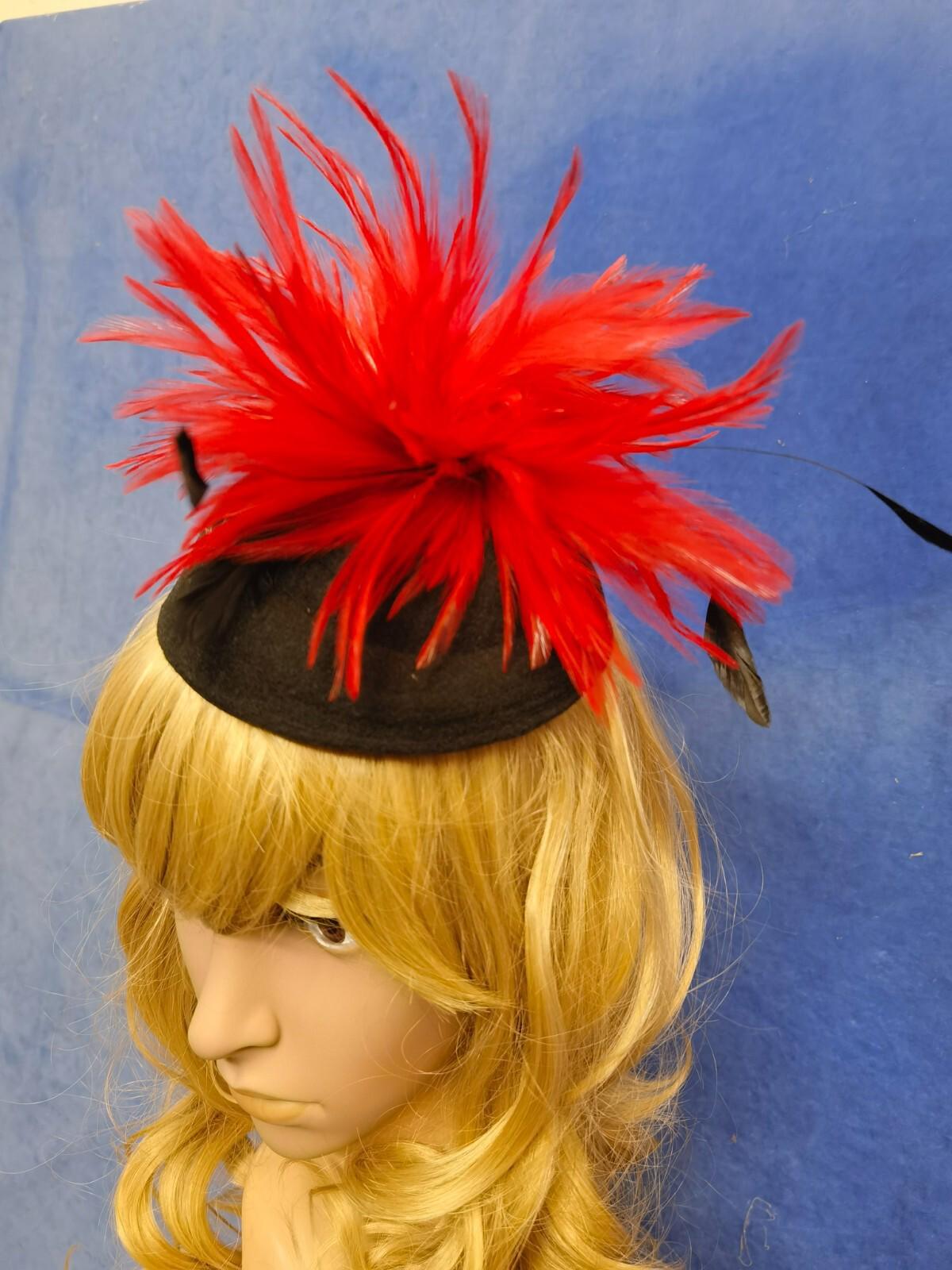 Red black feather flower felt mini pill box hat veiling veil fascinator