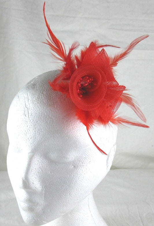 bright red fascinator millinery feather brooch clip wedding hair piece ascot