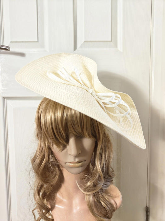 Ivory white large straw fascinator millinery burlesque headband wedding hat