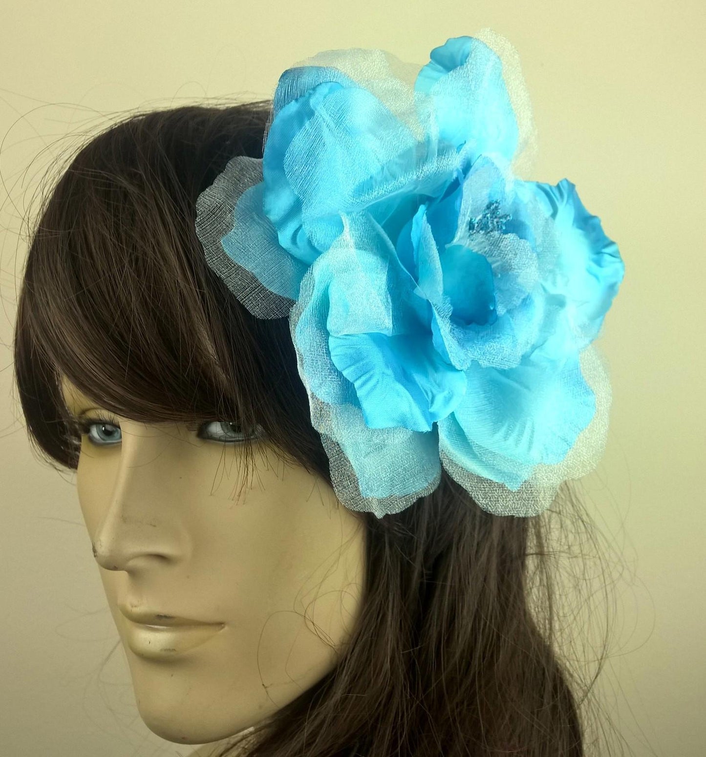 light blue satin flower fascinator millinery burlesque wedding hat bridal race