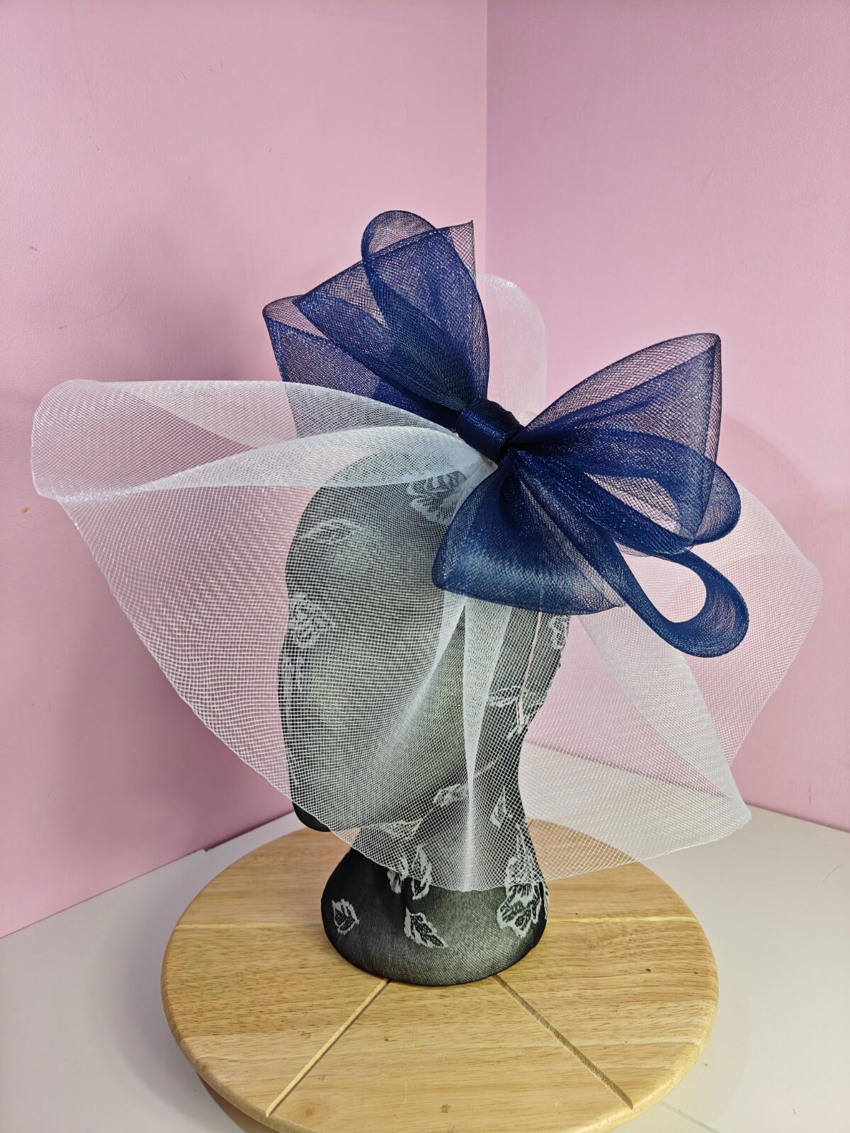 white navy blue fascinator millinery headband derby wedding hat ascot race