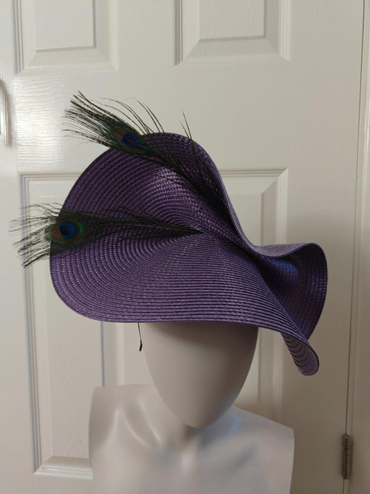 purple large straw fascinator peacock feather millinery headband wedding hat