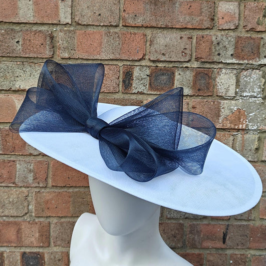 white dark navy large fascinator wedding hat  handmade hatinator Ascot bow