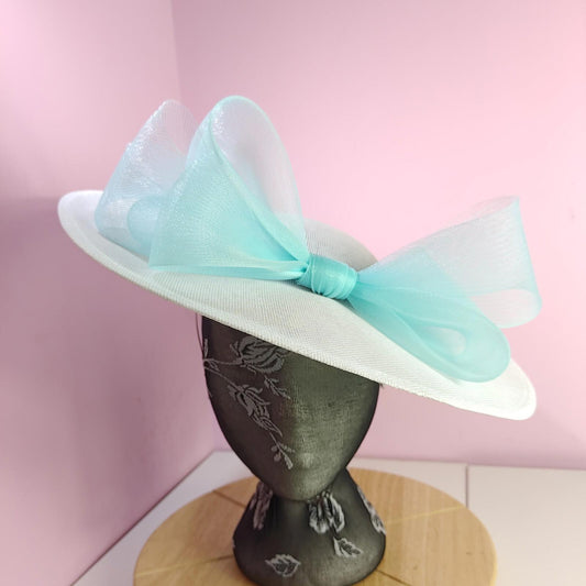 white blue large fascinator wedding hat  Kentucky Derby Royal Ascot bow
