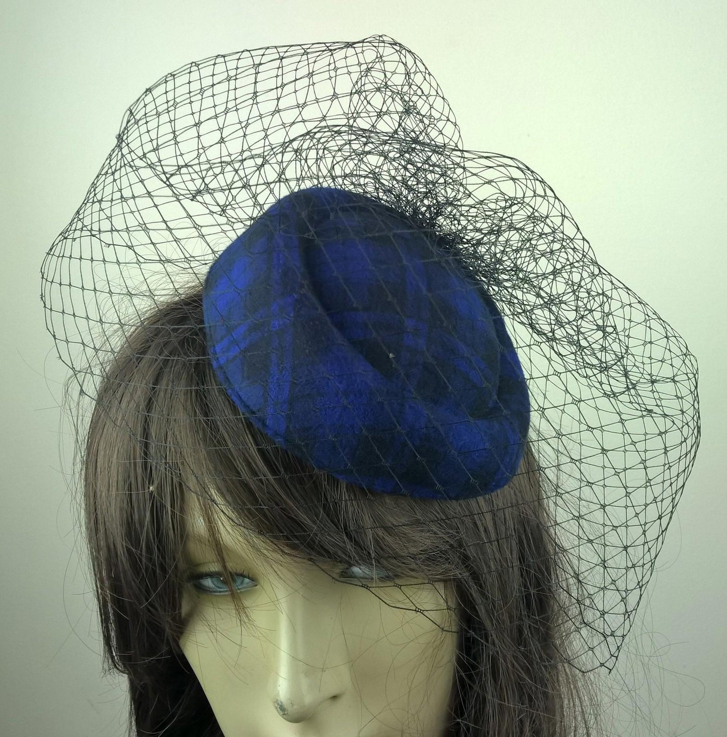 royal blue felt mini pill box hat black veiling french veil fascinator wedding