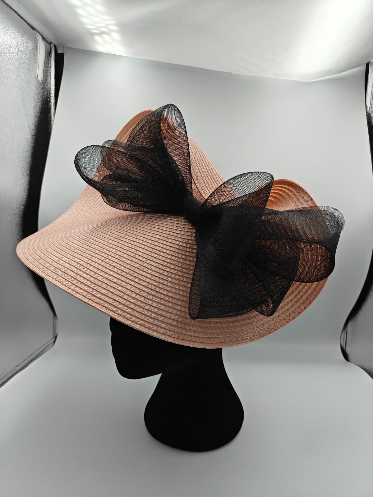 peach pink black bow straw fascinator millinery burlesque headband wedding hat