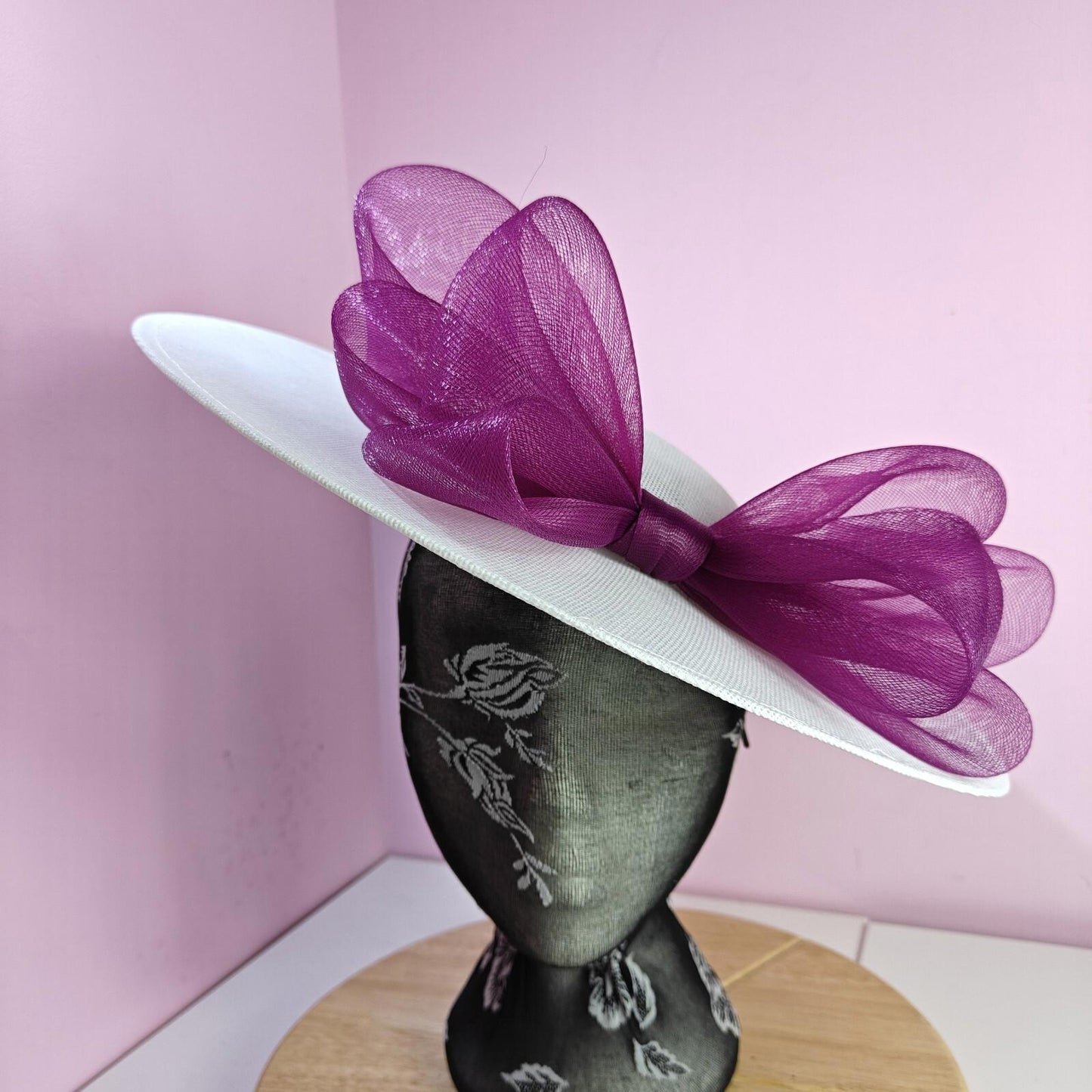white plum large fascinator wedding hat  Kentucky Derby Royal Ascot bow