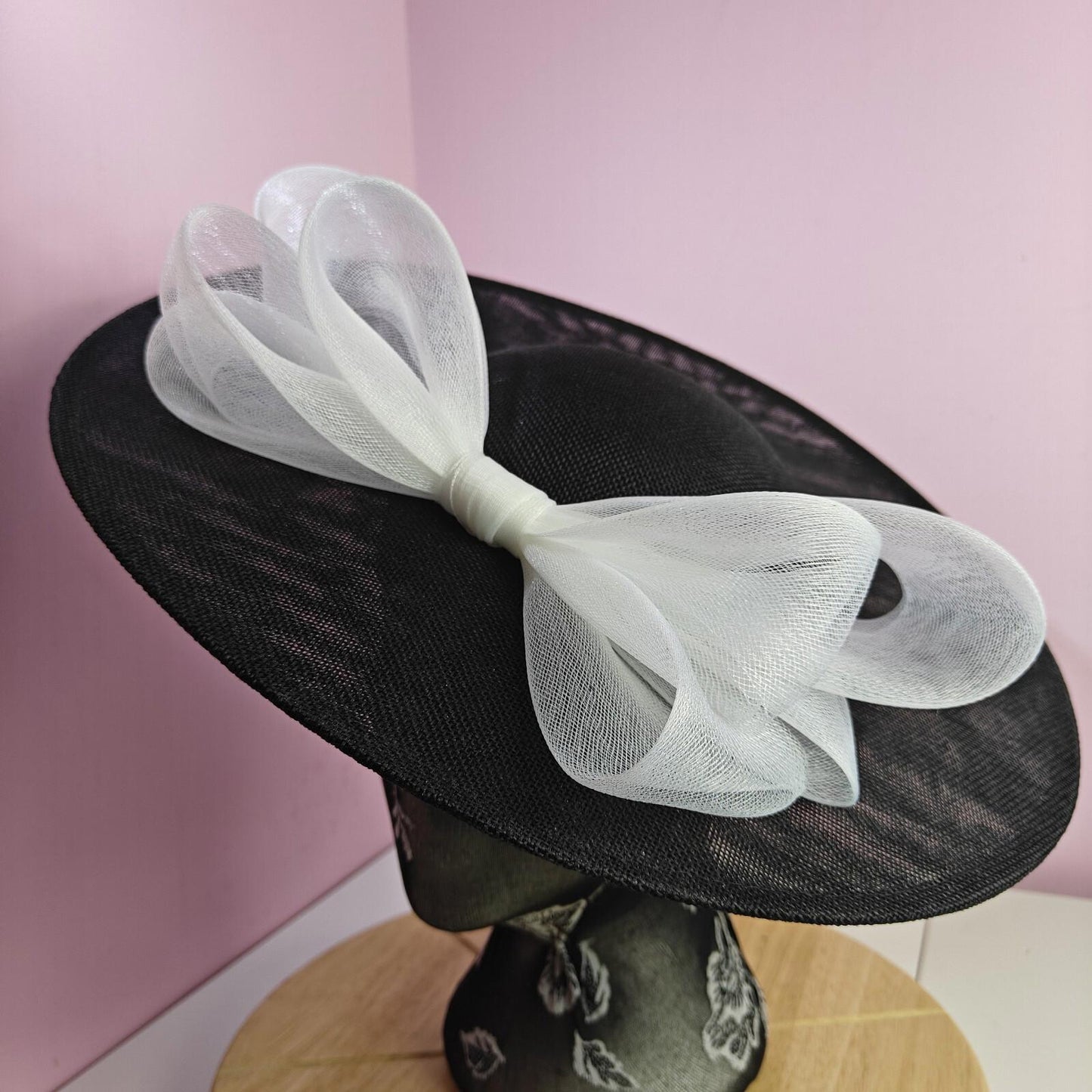 black white large fascinator wedding hat  Kentucky Derby Royal Ascot bow